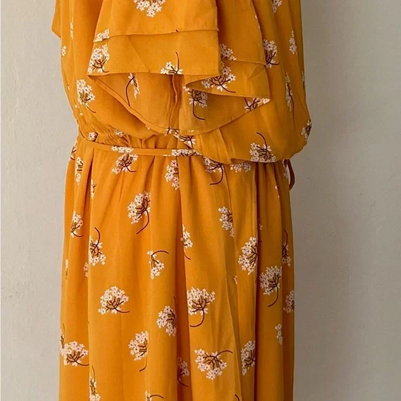 Mustard Yellow Floral Ruffle Sleeve Drawstring Waist Mini Dress XL - Picture 6 of 9